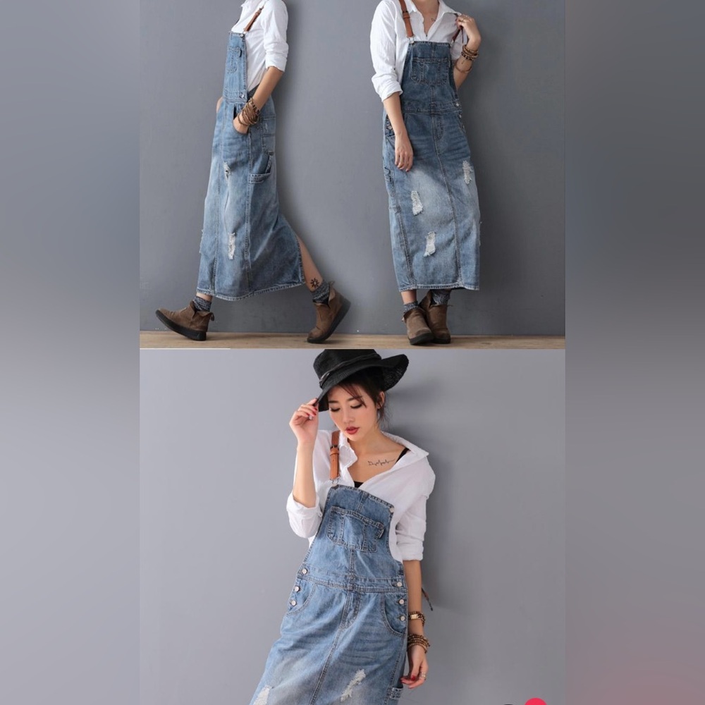 Buddha Trends Distress Denim Maxi Overall Dress Faux Leather Strsps Nwt